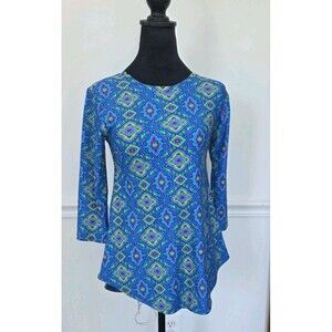 Southwind Apparel Tunic Top XS Blue Pink Medallion Print 3/4 Sleeve USA